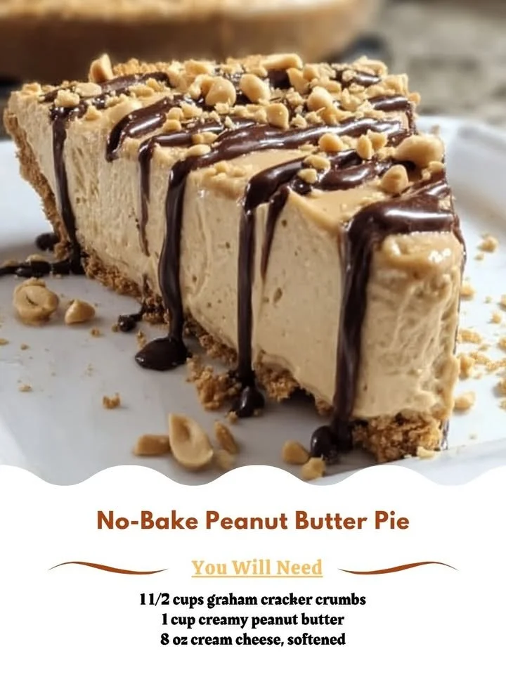 Delicious no bake peanut butter pie topped with chocolate and whipped cream