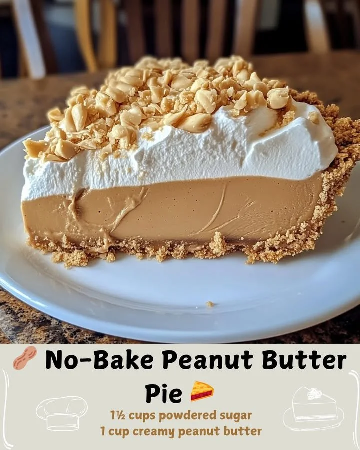 Delicious no-bake peanut butter pie topped with whipped cream and chocolate drizzle