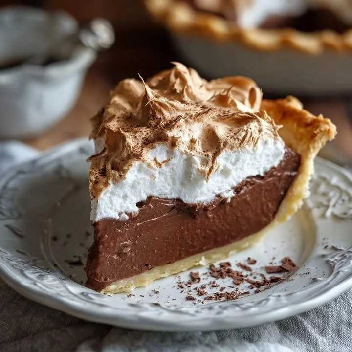 Slice of Old-Fashioned Chocolate Meringue Pie with rich chocolate filling and fluffy meringue