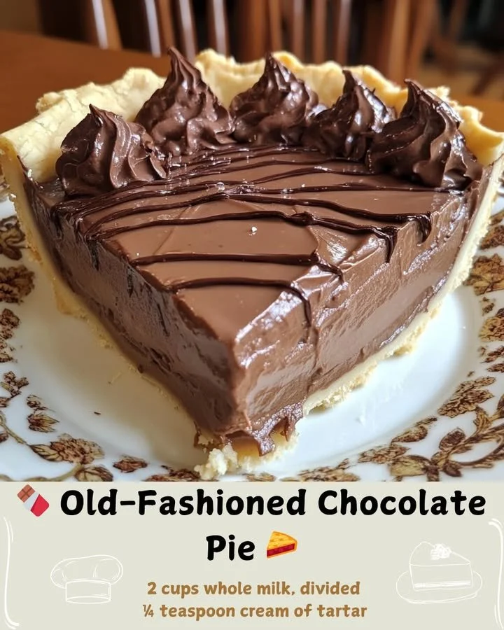 Slice of old-fashioned chocolate pie topped with whipped cream.