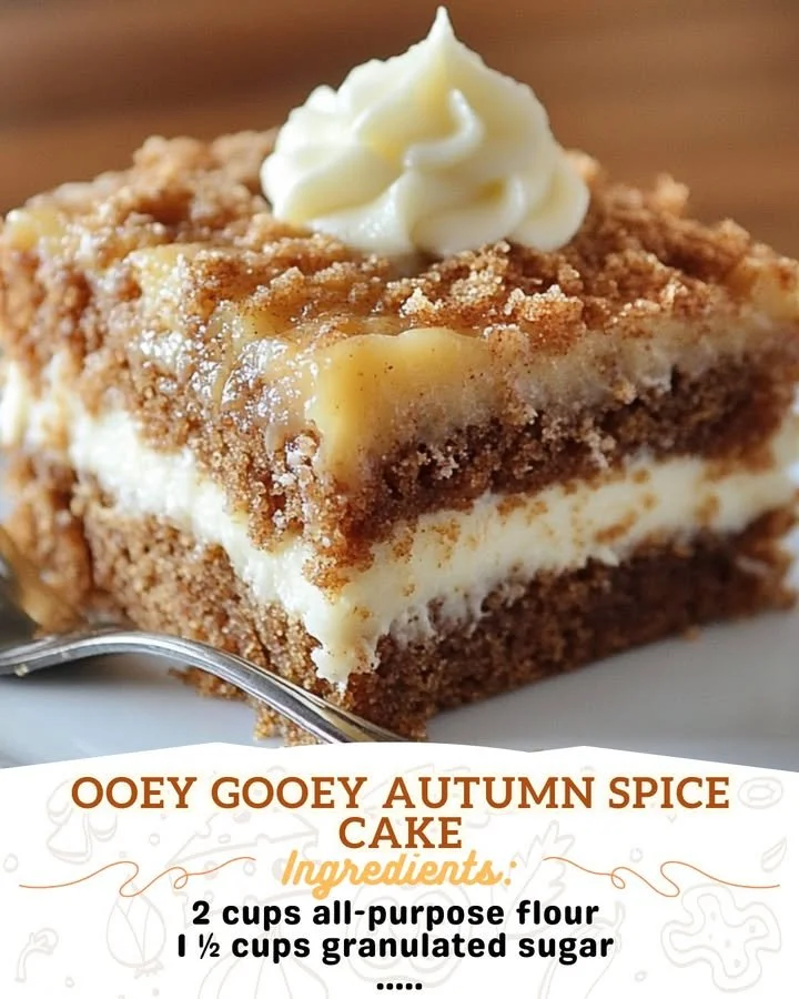 Delicious ooey gooey autumn spice cake topped with creamy frosting and spices