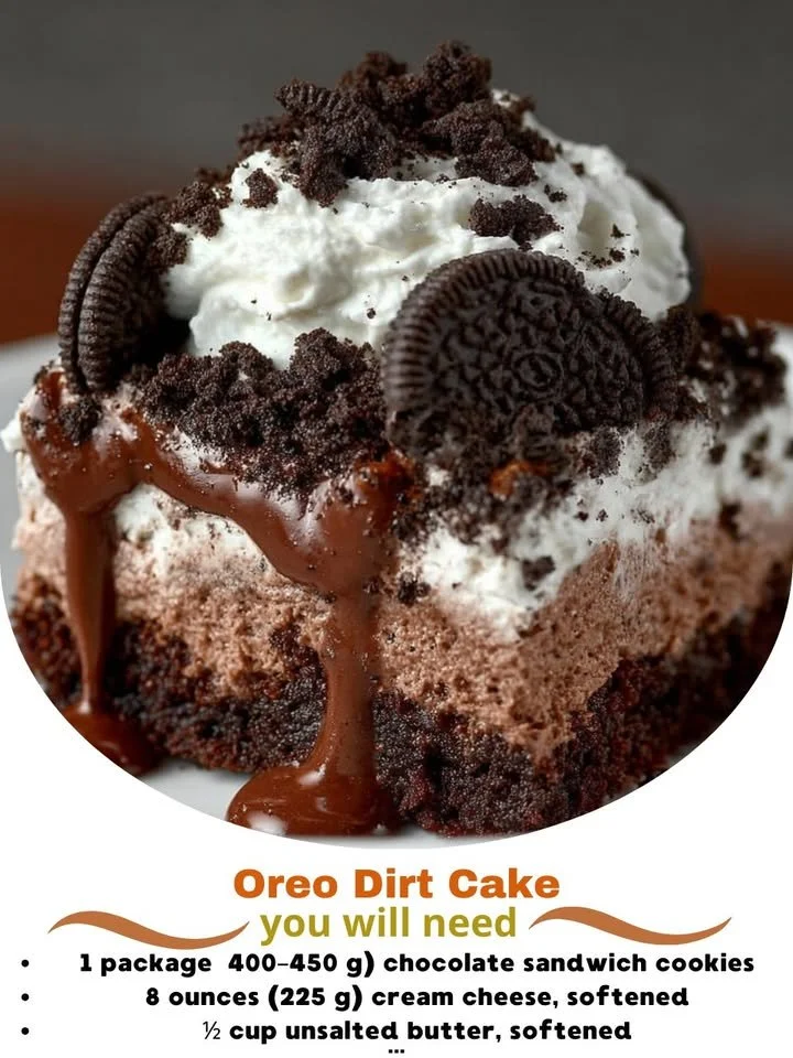 Delicious Oreo Dirt Cake dessert served in a clear dish with chocolate and cookies