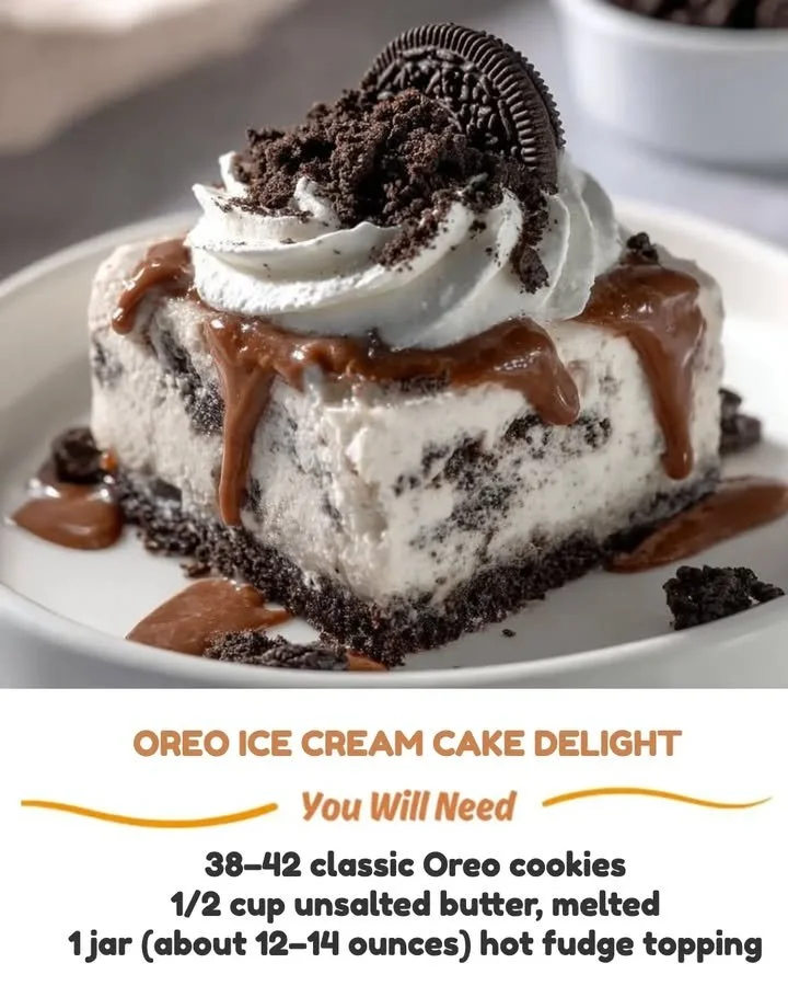 Oreo Ice Cream Cake decorated with chocolate and cookies