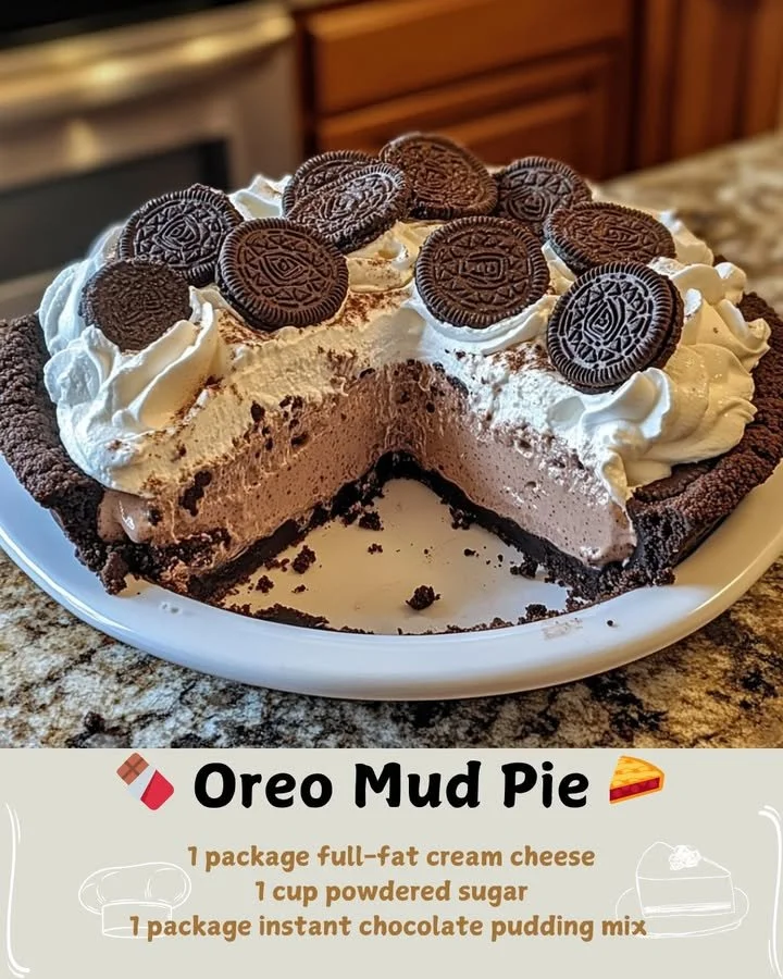 Delicious Oreo Mud Pie dessert with layers of chocolate and creamy filling.