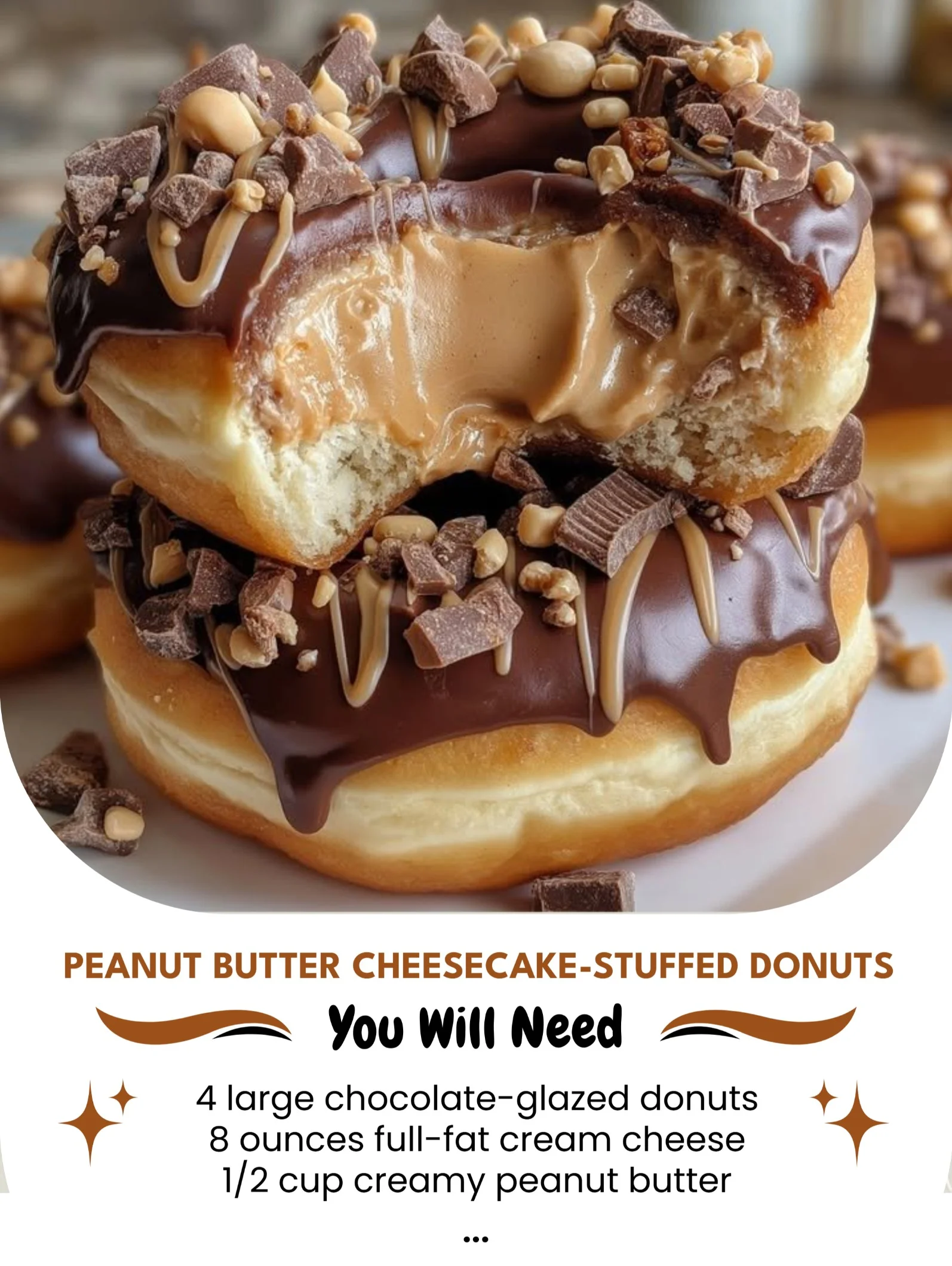 Peanut butter cheesecake-stuffed donuts topped with chocolate glaze