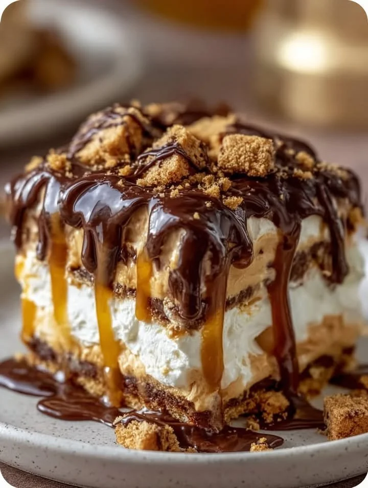 Delicious Peanut Butter Cookie Lasagna dessert with creamy layers and chocolate drizzle.