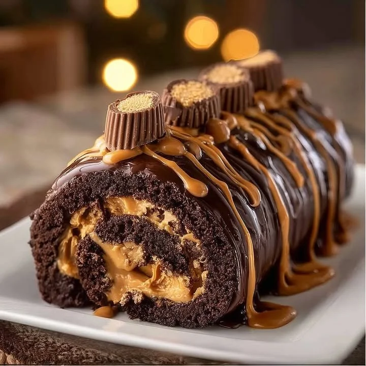 Peanut Butter Cup Chocolate Roll Cake topped with creamy frosting and chocolate