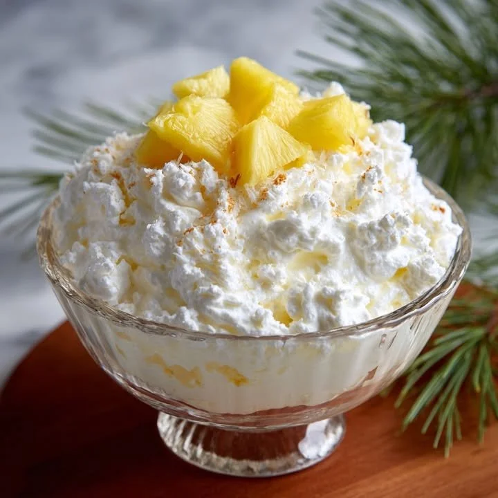 Delicious Pina Colada Fluff dessert in a serving bowl