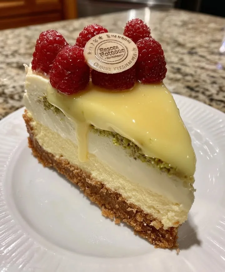 Pistachio Raspberry Cheesecake Mousse Cake topped with fresh raspberries and nuts