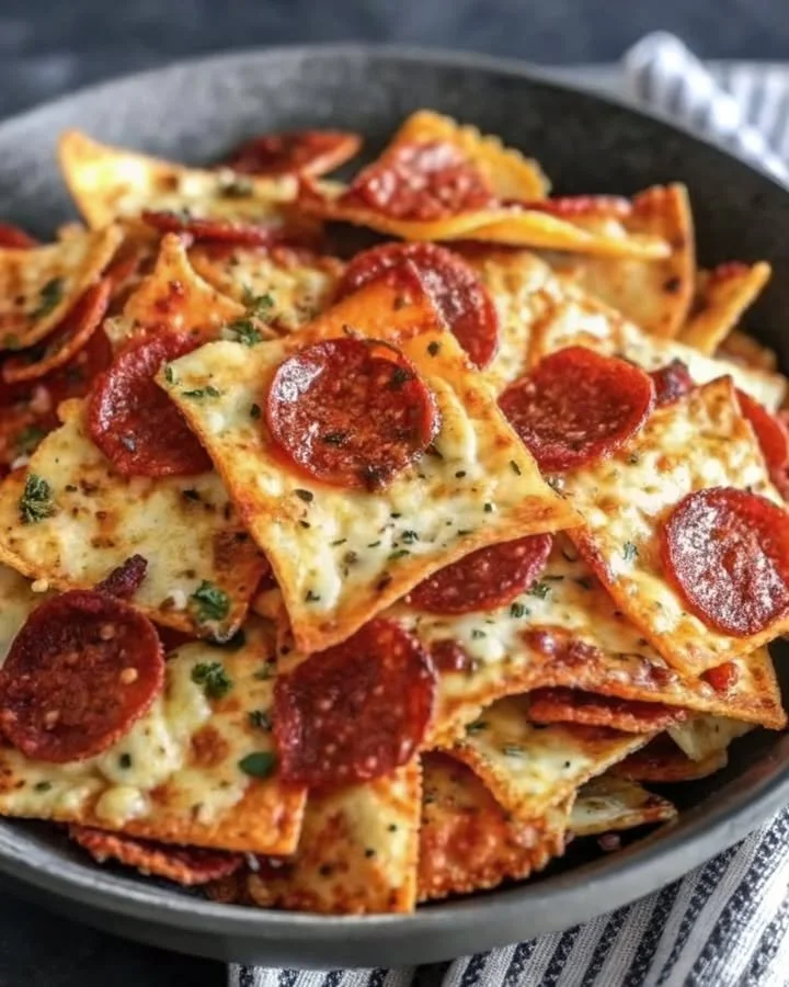 Crispy Pizza Chips snack with cheese and herbs on a wooden platter
