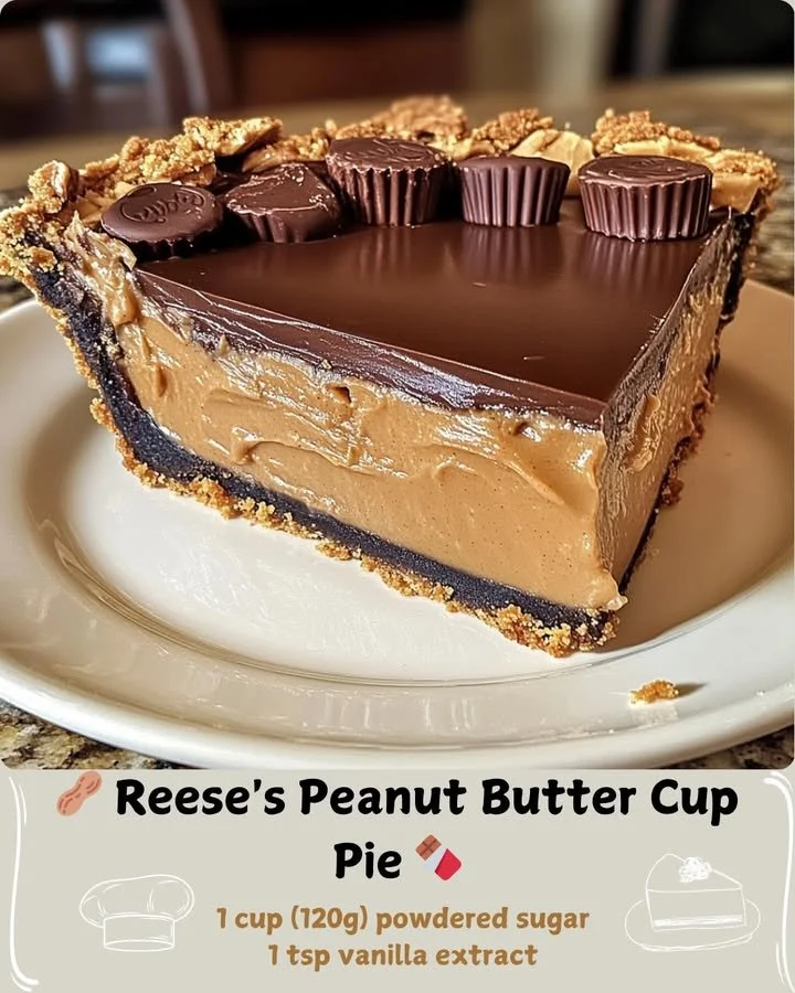 Delicious Reese's Peanut Butter Cup Pie topped with chocolate and peanut butter