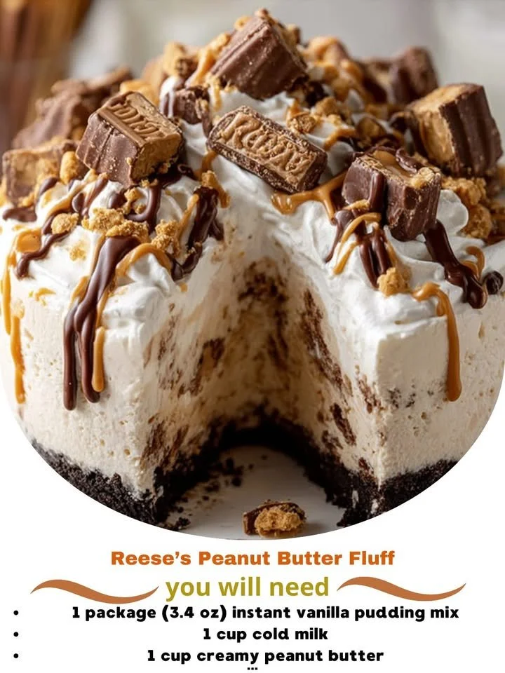 Delicious Reese's peanut butter fluff dessert topped with chocolate and peanuts.