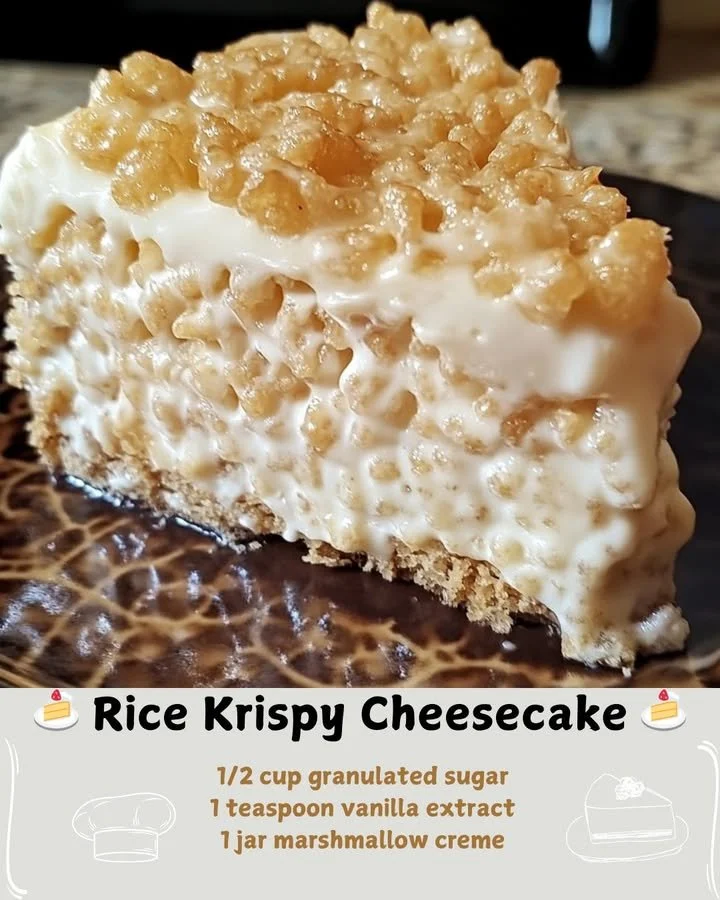 Delicious Rice Krispy Cheesecake with a crunchy topping and creamy filling