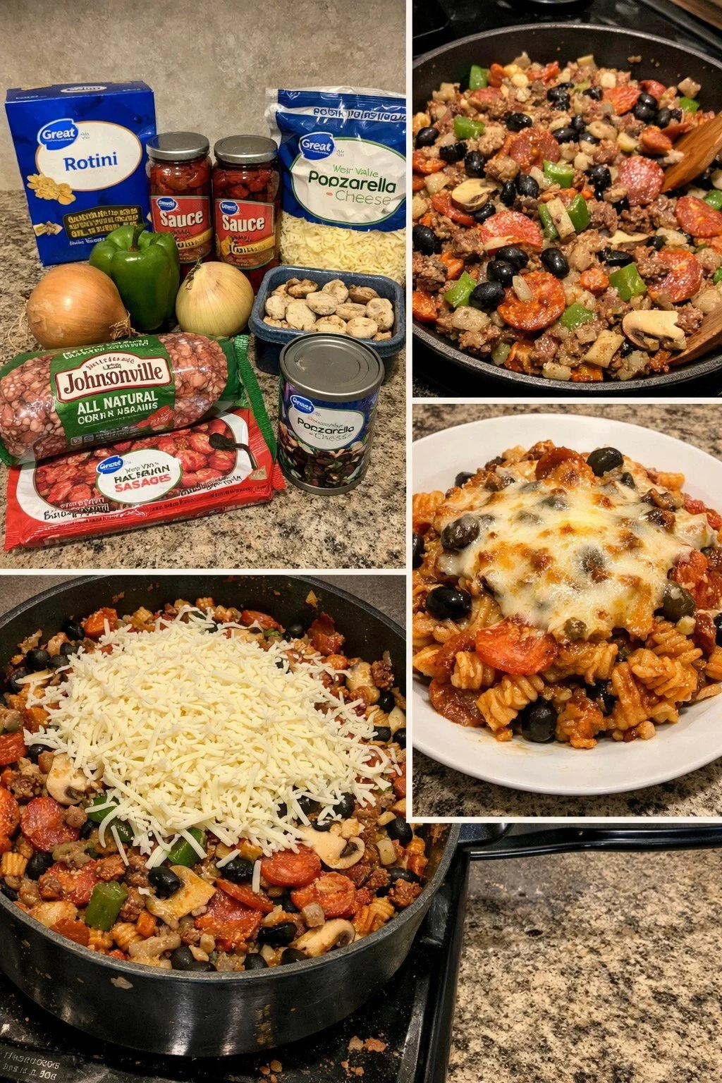 Rotini pasta with sausage and mixed vegetables in a vibrant dish