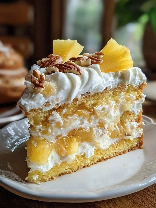 Southern Pineapple Sunshine Cake topped with whipped cream and fresh pineapple slices.