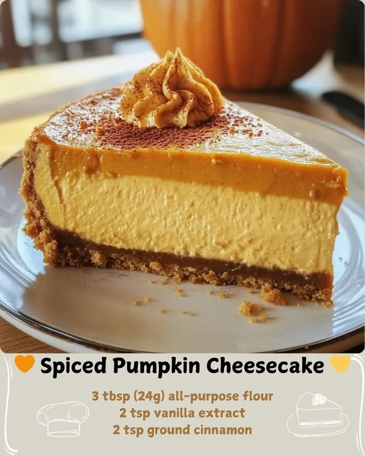 Delicious spiced pumpkin cheesecake topped with whipped cream and cinnamon