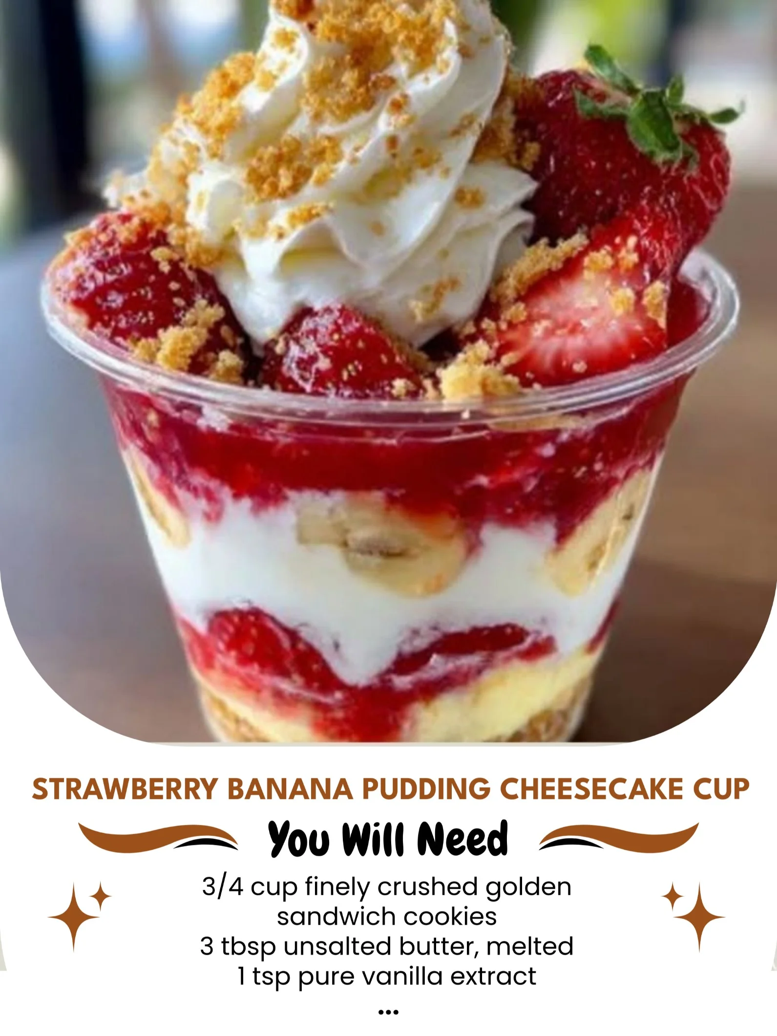 Strawberry banana cheesecake pudding cup topped with fresh fruit.