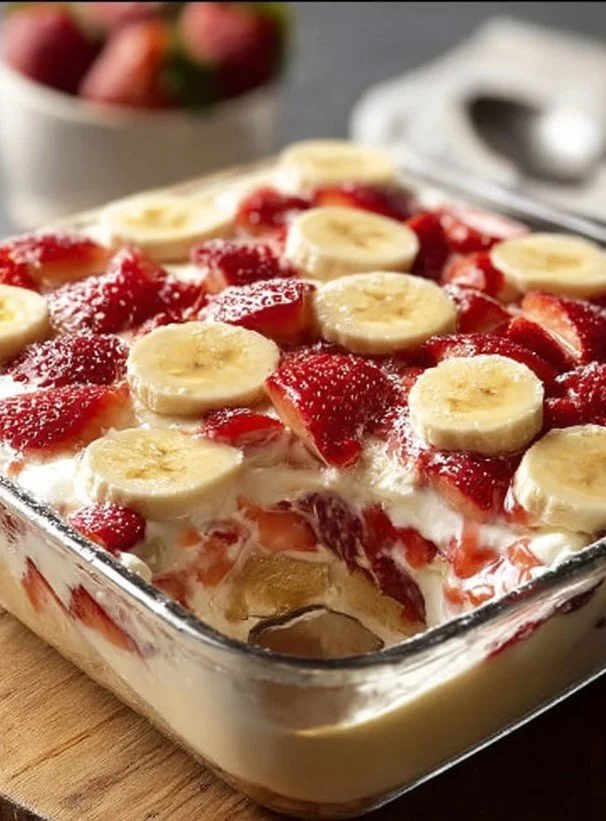 Delicious Strawberry Banana Pudding dessert in a glass.