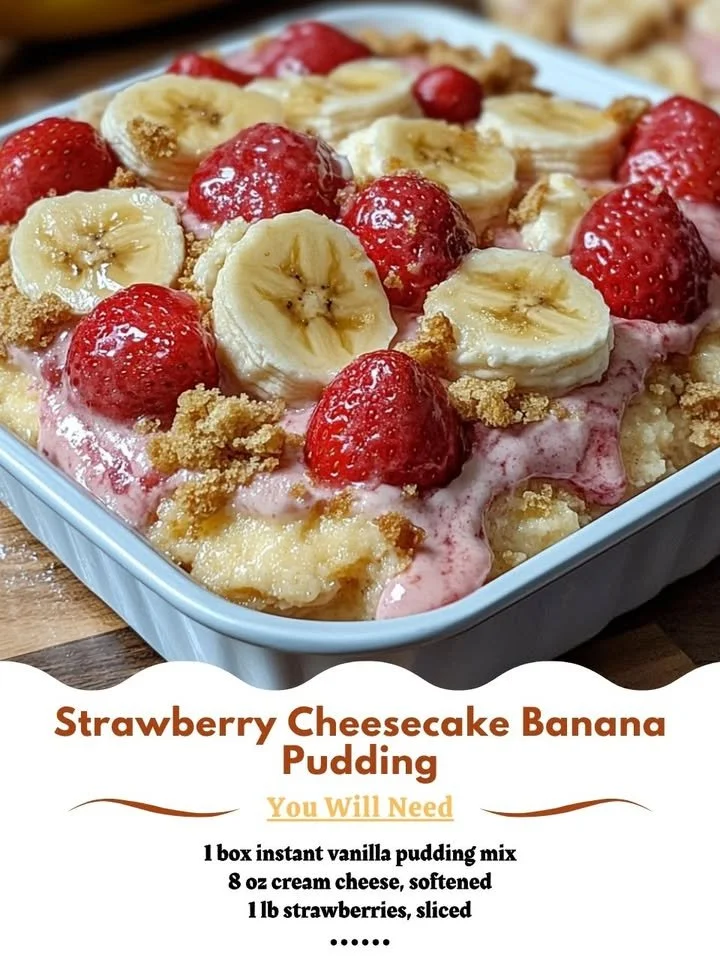 Strawberry Cheesecake Banana Pudding with layers of cheesecake and fresh strawberries