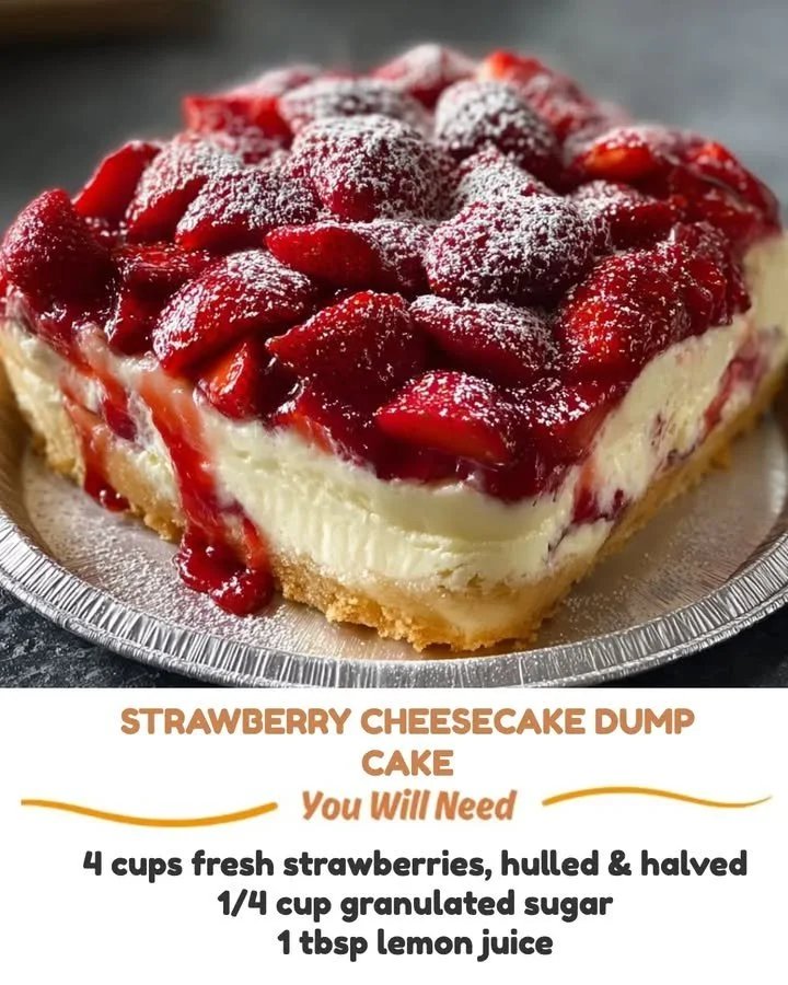 Delicious Strawberry Cheesecake Dump Cake with fresh strawberries and creamy cheesecake topping