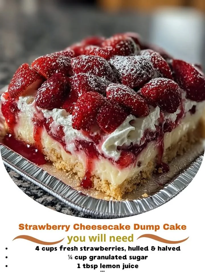 Delicious Strawberry Cheesecake Dump Cake with fresh strawberries and cream cheese