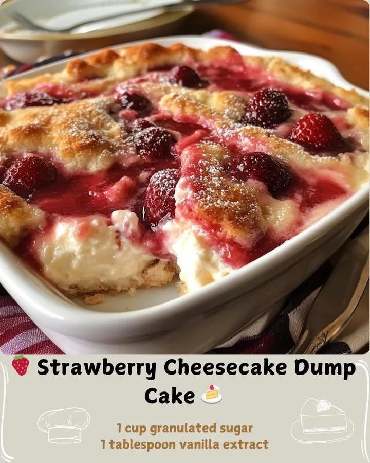 Delicious Strawberry Cheesecake Dump Cake topped with fresh strawberries.