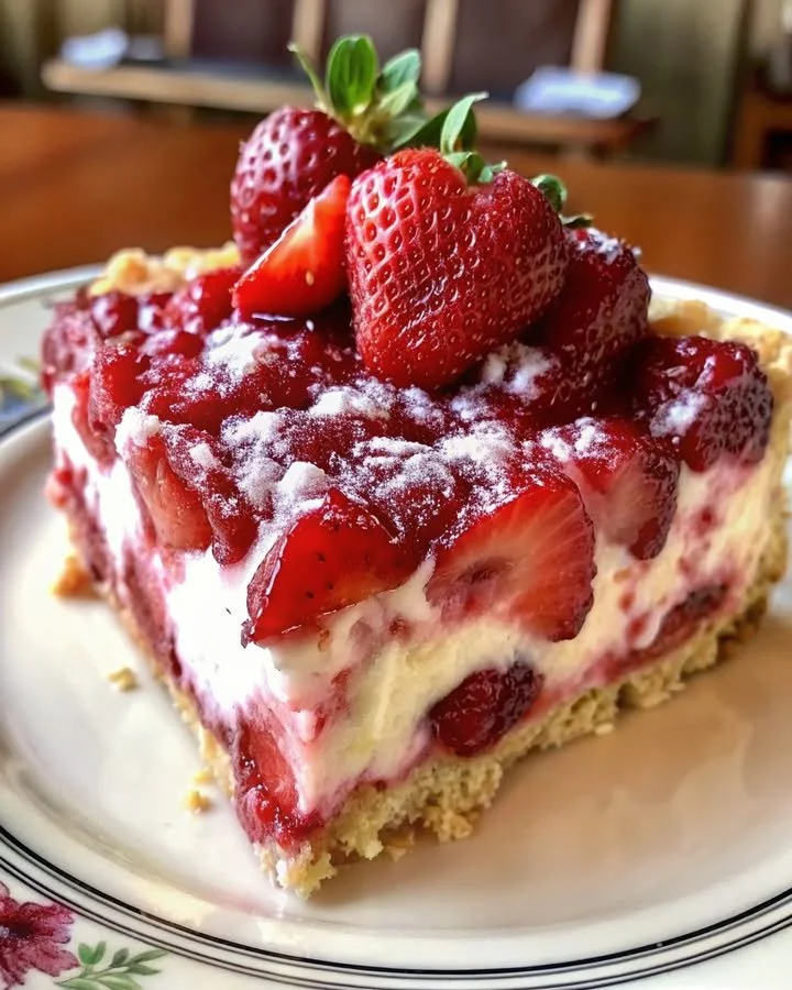 Delicious strawberry cheesecake dump cake served on a plate with fresh strawberries
