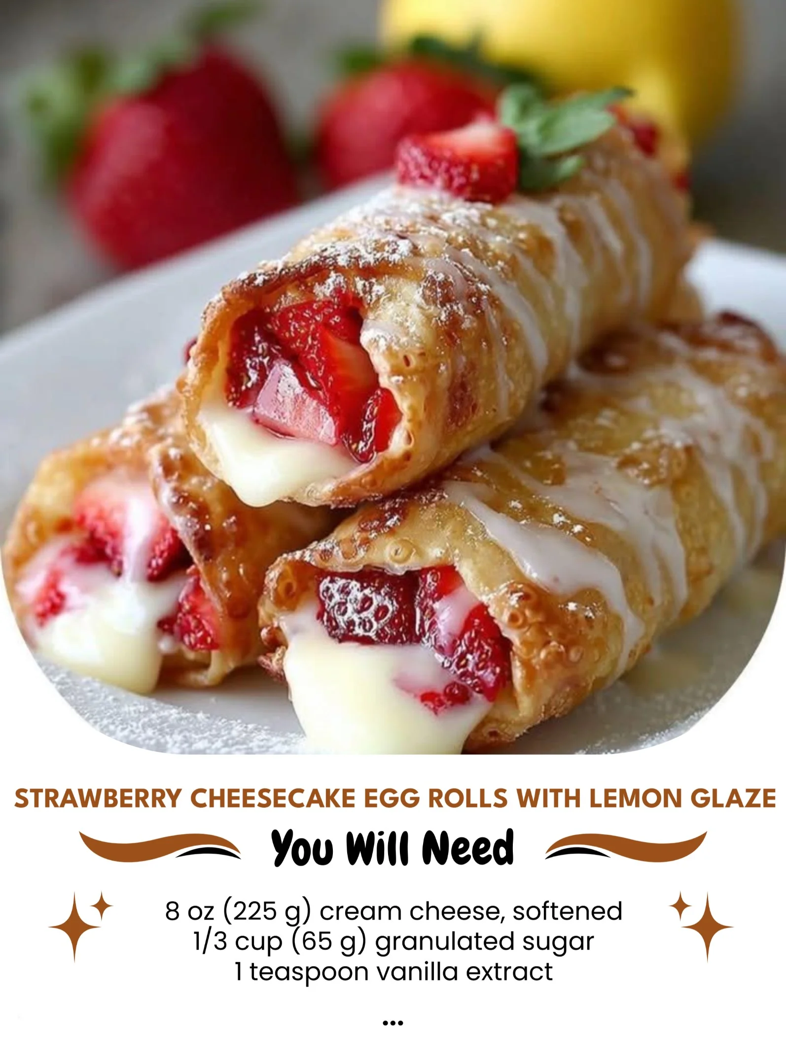 Delicious strawberry cheesecake egg rolls with lemon glaze