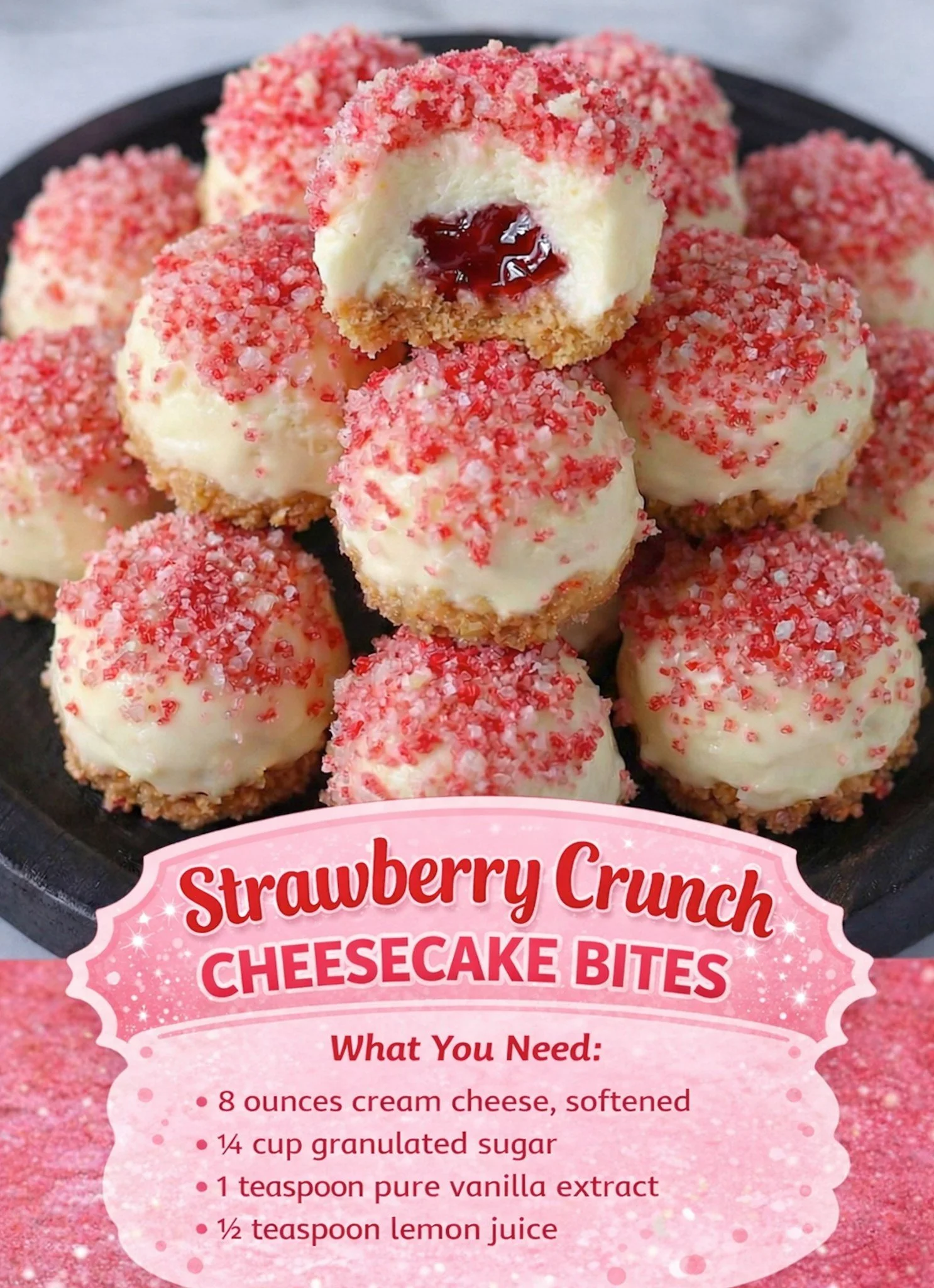 Delicious strawberry crunch cheesecake bites decorated with fresh strawberries.