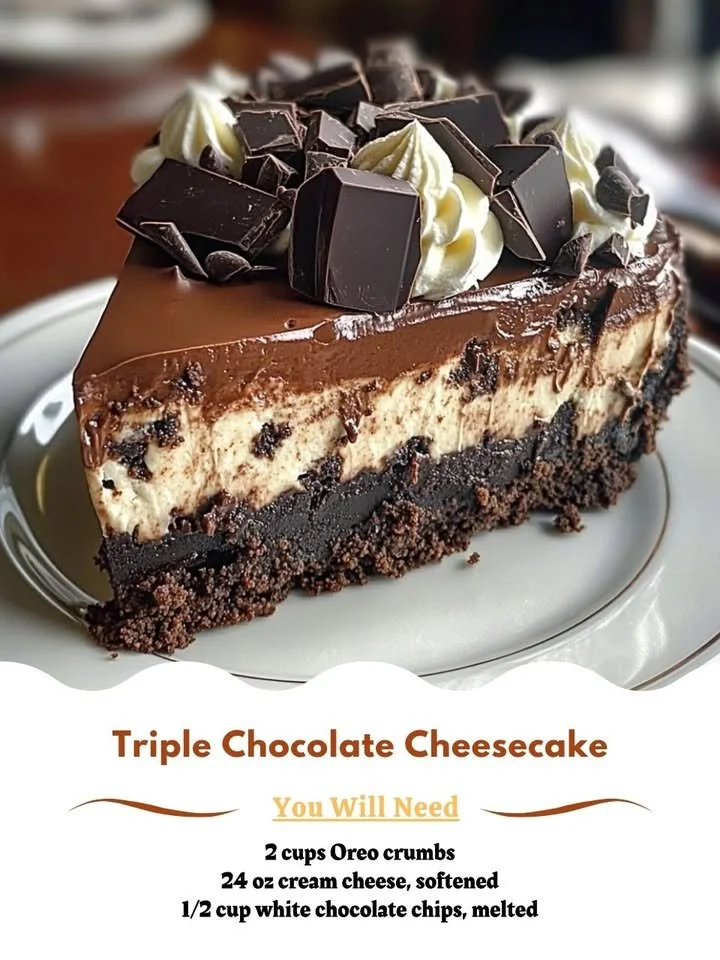 Delicious Triple Chocolate Cheesecake layered with rich chocolate flavors