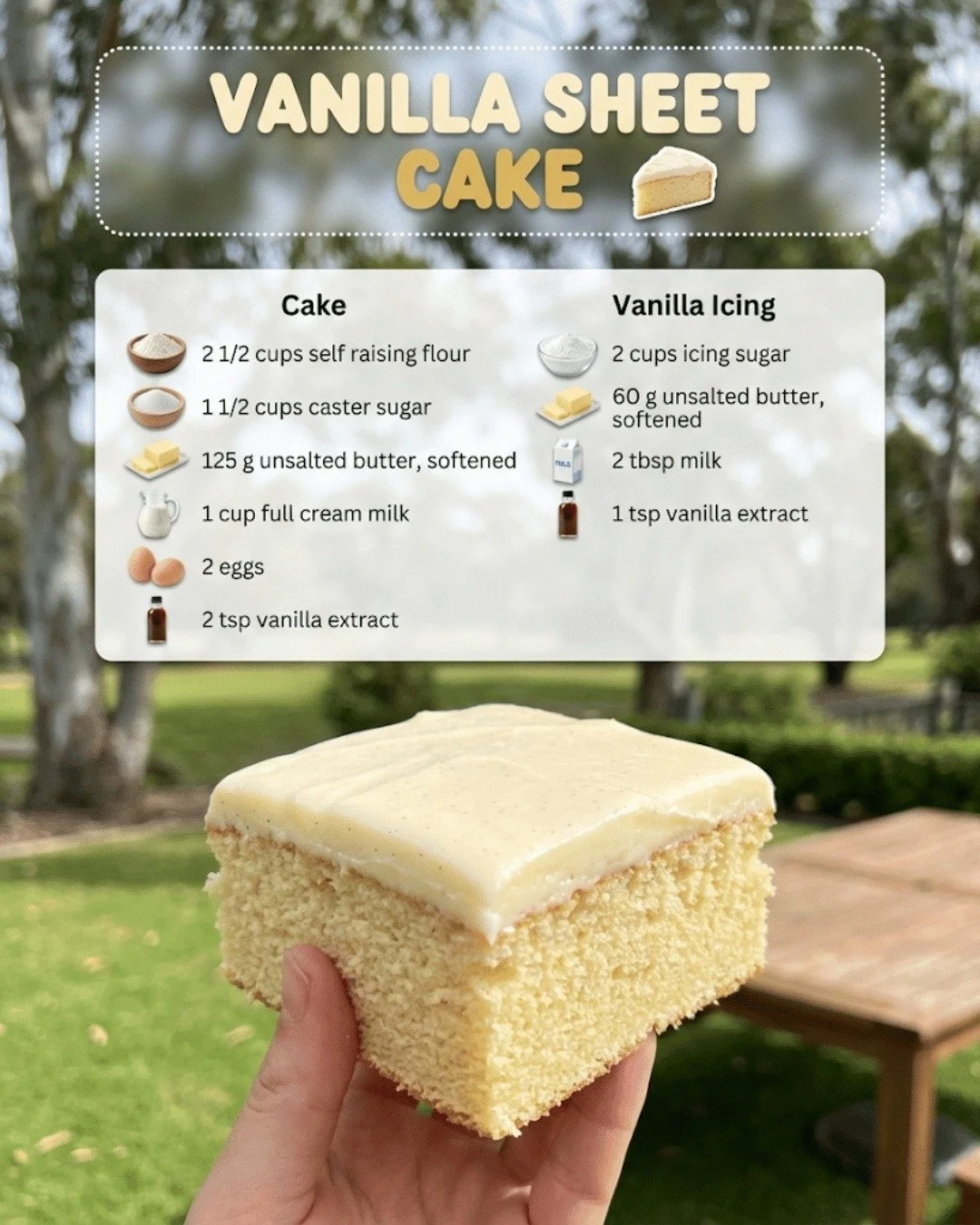 A deliciously moist vanilla sheet cake topped with creamy frosting and sprinkles.