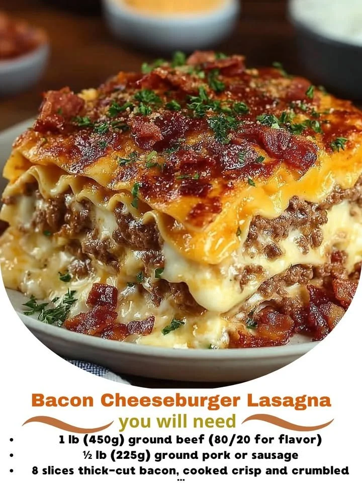 Layered bacon cheeseburger lasagna on a white plate garnished with parsley