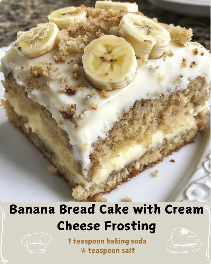 Banana bread cake with cream cheese frosting on a serving plate