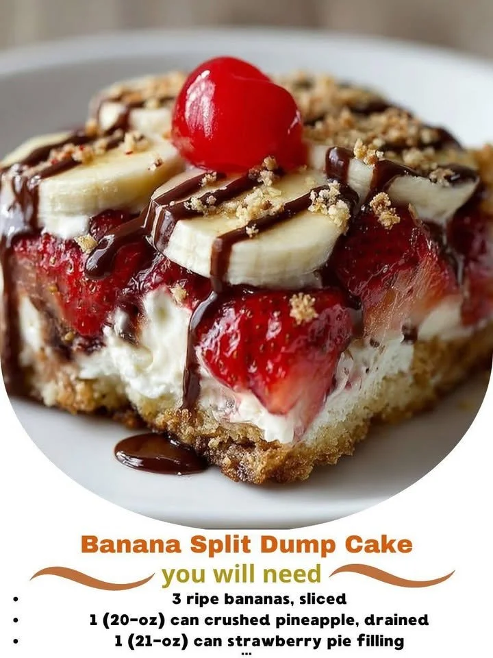 Delicious Banana Split Dump Cake served in a bowl with whipped cream and cherries