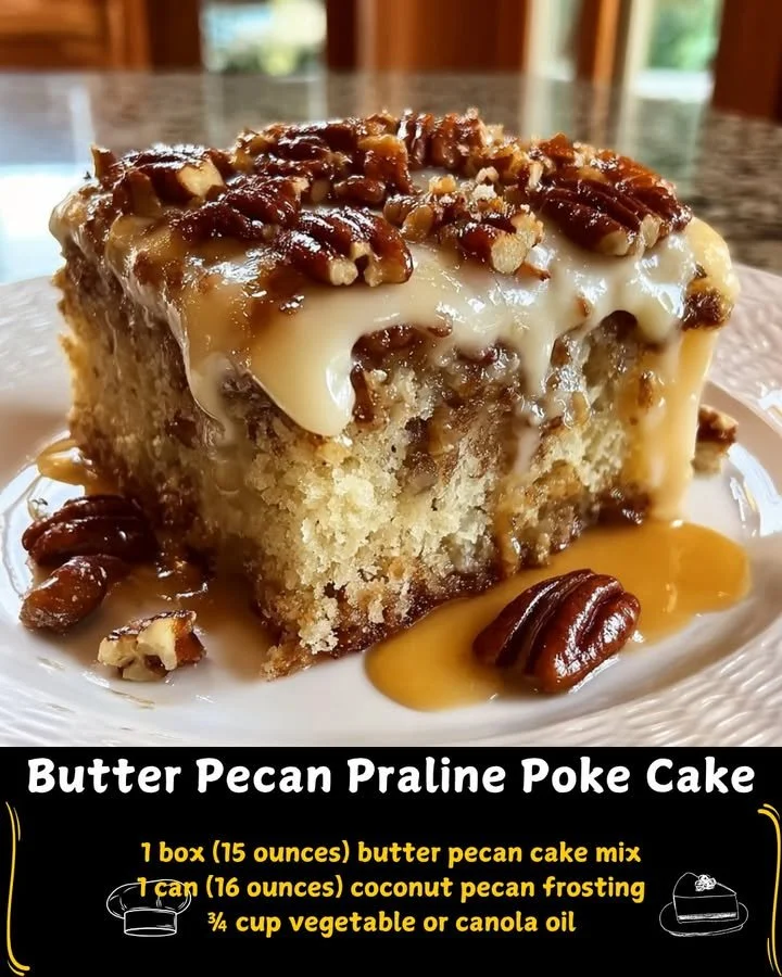 Delicious Butter Pecan Praline Poke Cake topped with caramel and pecans.