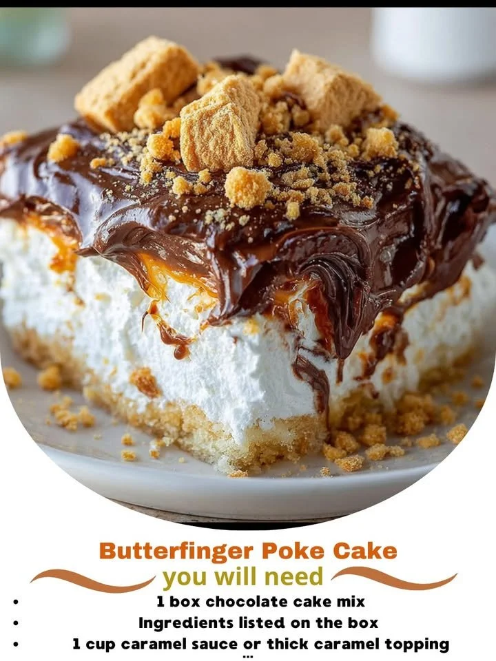 Delicious Butterfinger Poke Cake topped with chocolate and Butterfinger pieces