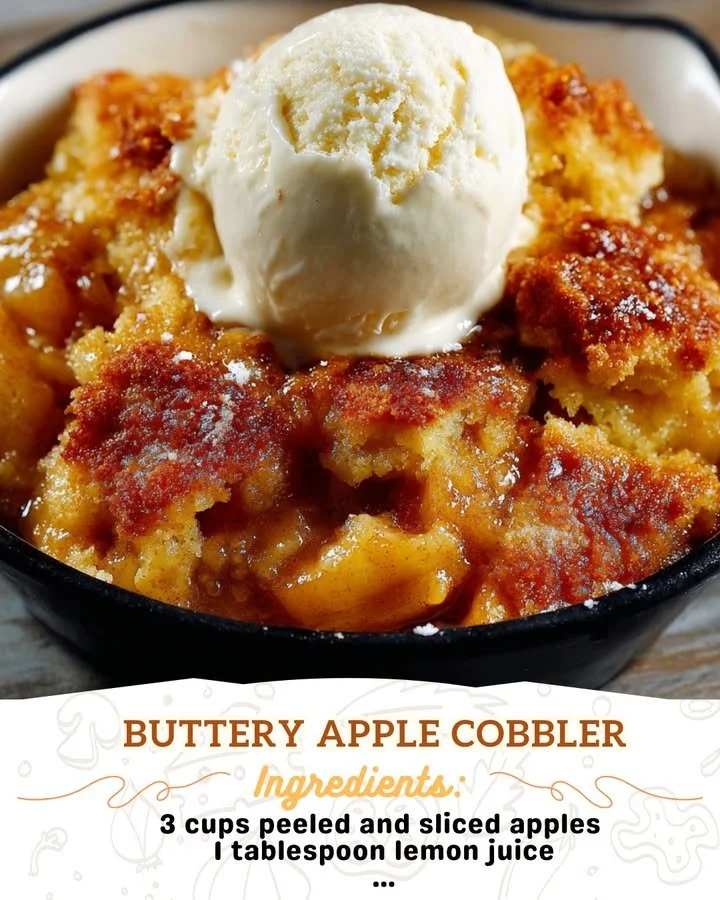 Delicious buttery apple cobbler served in a dish with a golden crust and apple filling.