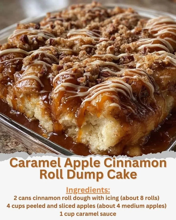 Delicious Caramel Apple Cinnamon Roll Dump Cake topped with gooey caramel sauce