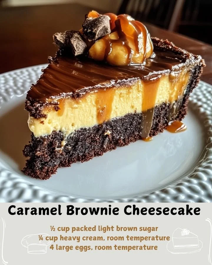 Delicious caramel brownie cheesecake with rich chocolate layers and caramel drizzle