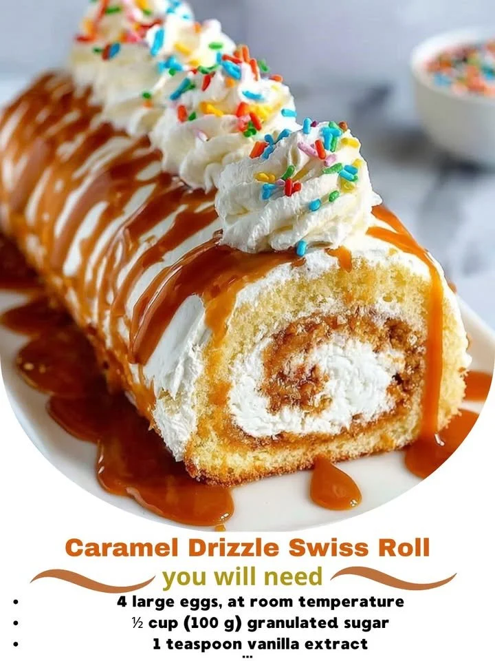 Caramel Drizzle Swiss Roll dessert with rich caramel topping