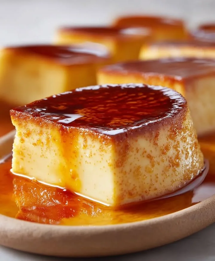 Delicious caramel pudding topped with cream cheese in a dessert bowl