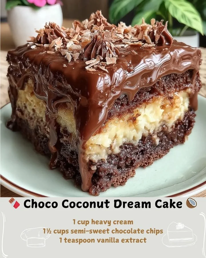 Choco Coconut Dream Cake topped with coconut flakes and chocolate icing