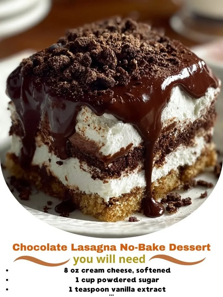 Delicious no-bake chocolate lasagna dessert layered with creamy fillings