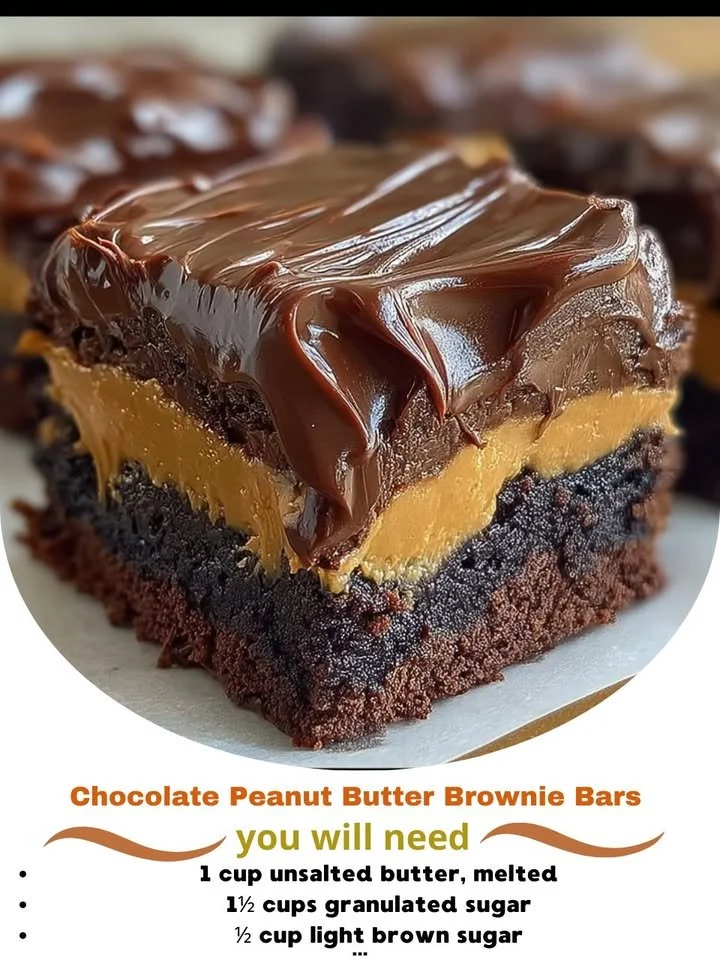 Delicious Chocolate Peanut Butter Brownie Bars on a wooden table