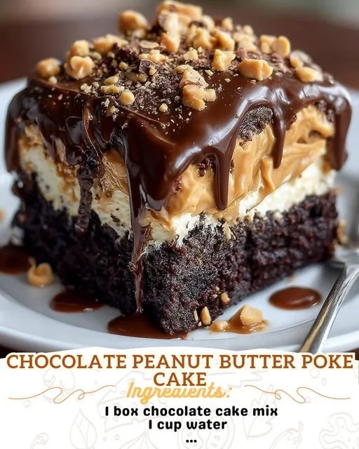Delicious Chocolate Peanut Butter Poke Cake with creamy peanut butter frosting
