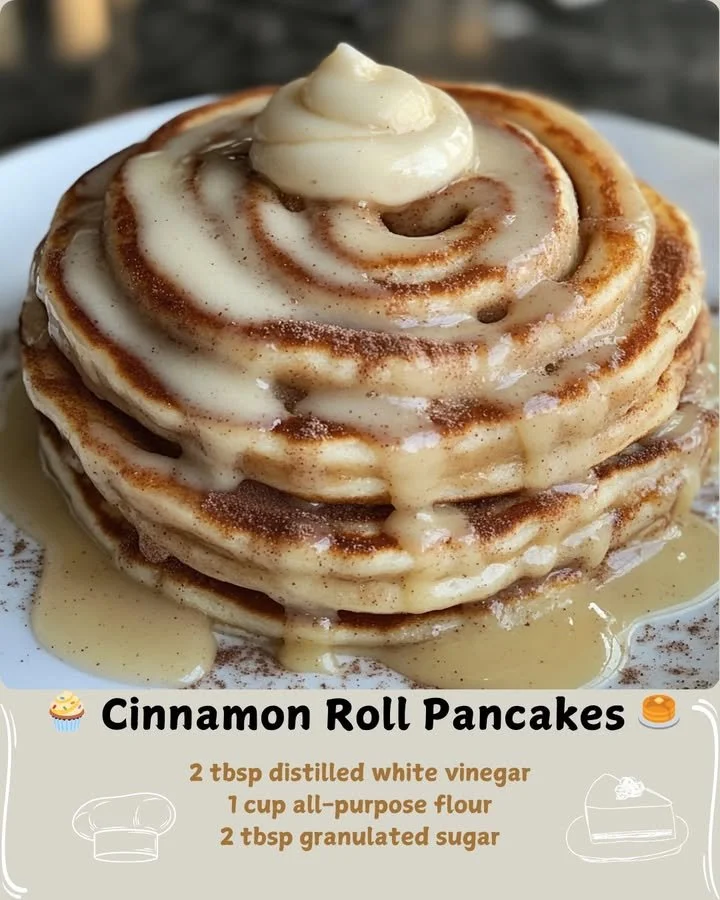 Delicious cinnamon roll pancakes drizzled with creamy glaze
