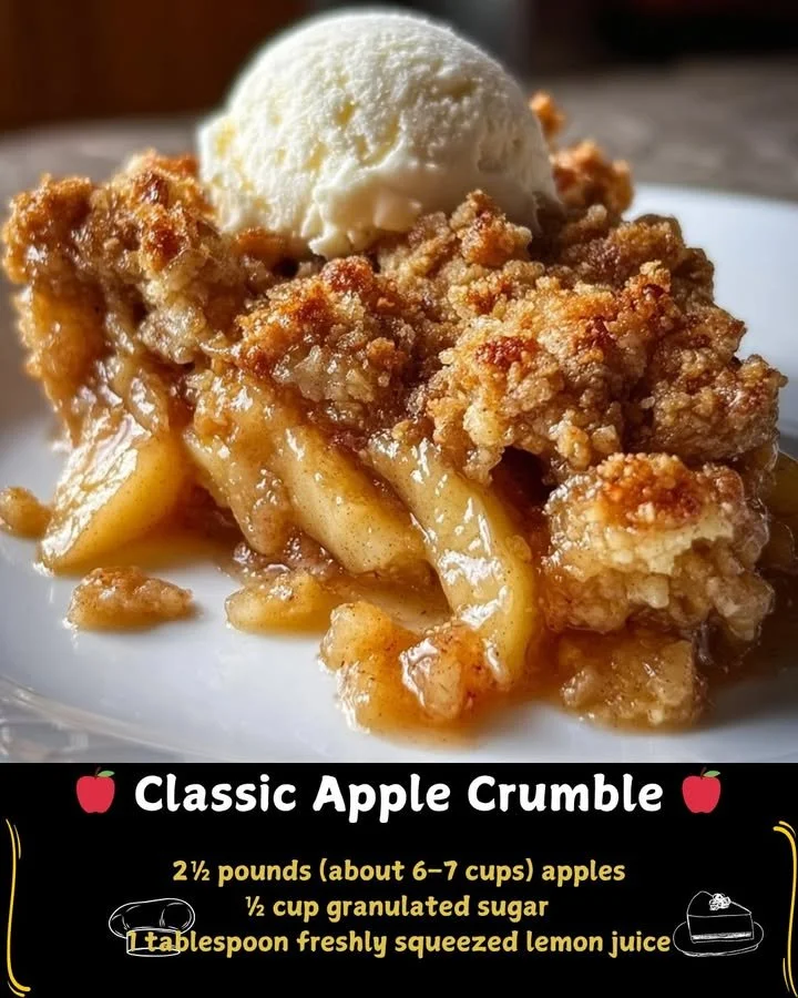Classic apple crumble dessert with warm apples and crispy topping
