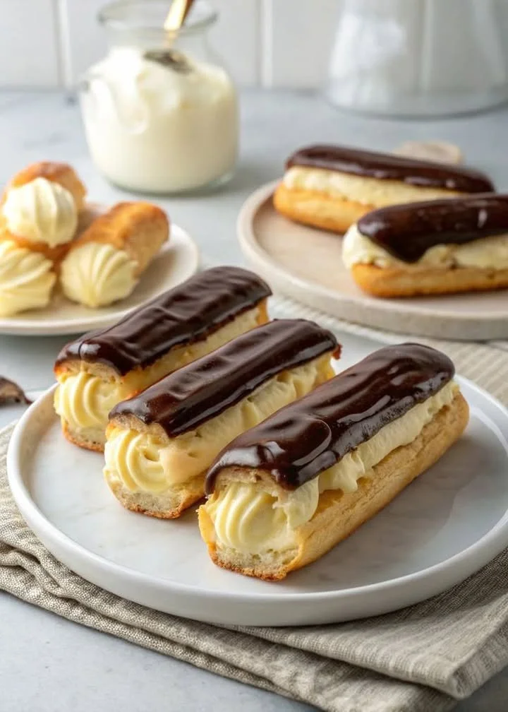 Delicious classic chocolate eclairs drizzled with chocolate glaze.