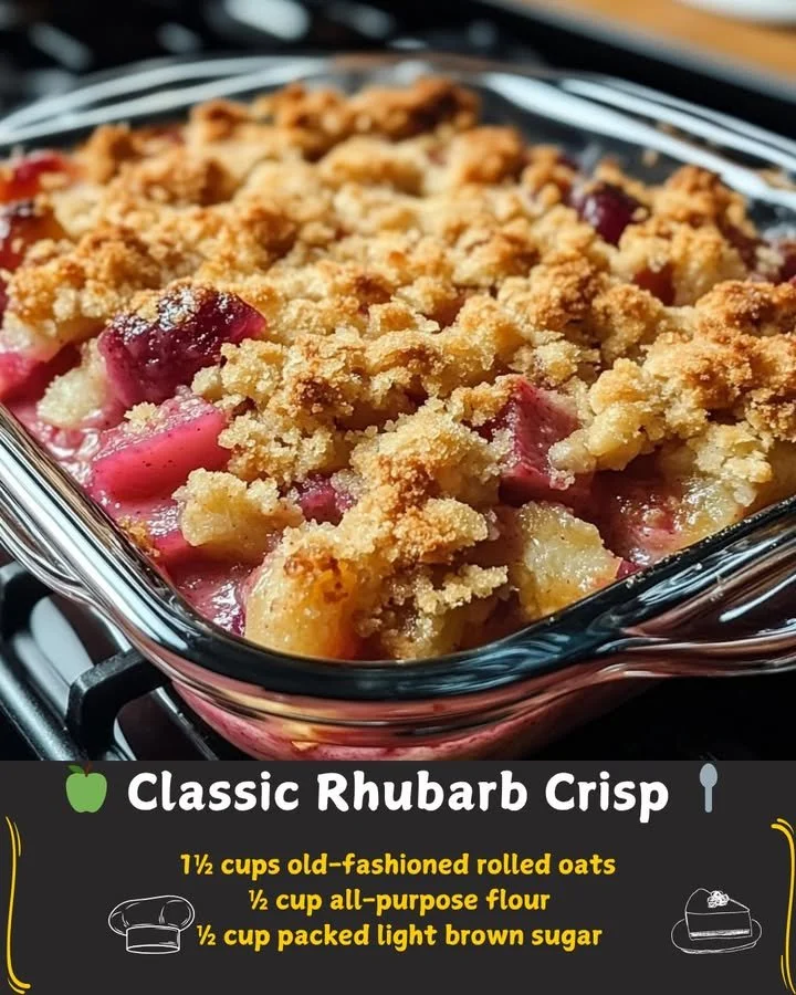 Delicious classic rhubarb crisp served in a bowl, topped with ice cream.