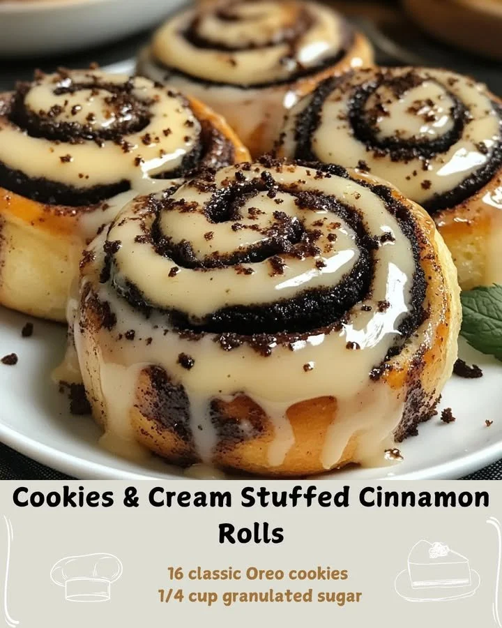 Delicious Cookies & Cream Stuffed Cinnamon Rolls topped with icing